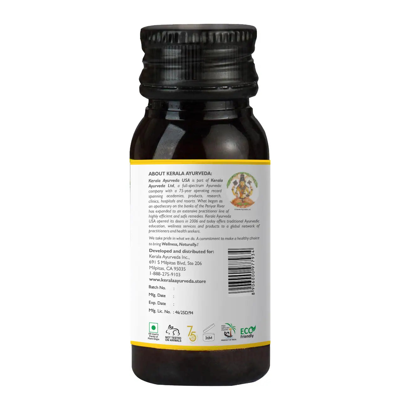 Back of a small bottle of Kerala Ayurveda Gandharvahastadi Castor Oil, showing company details and a barcode for this ayurvedic oil.
