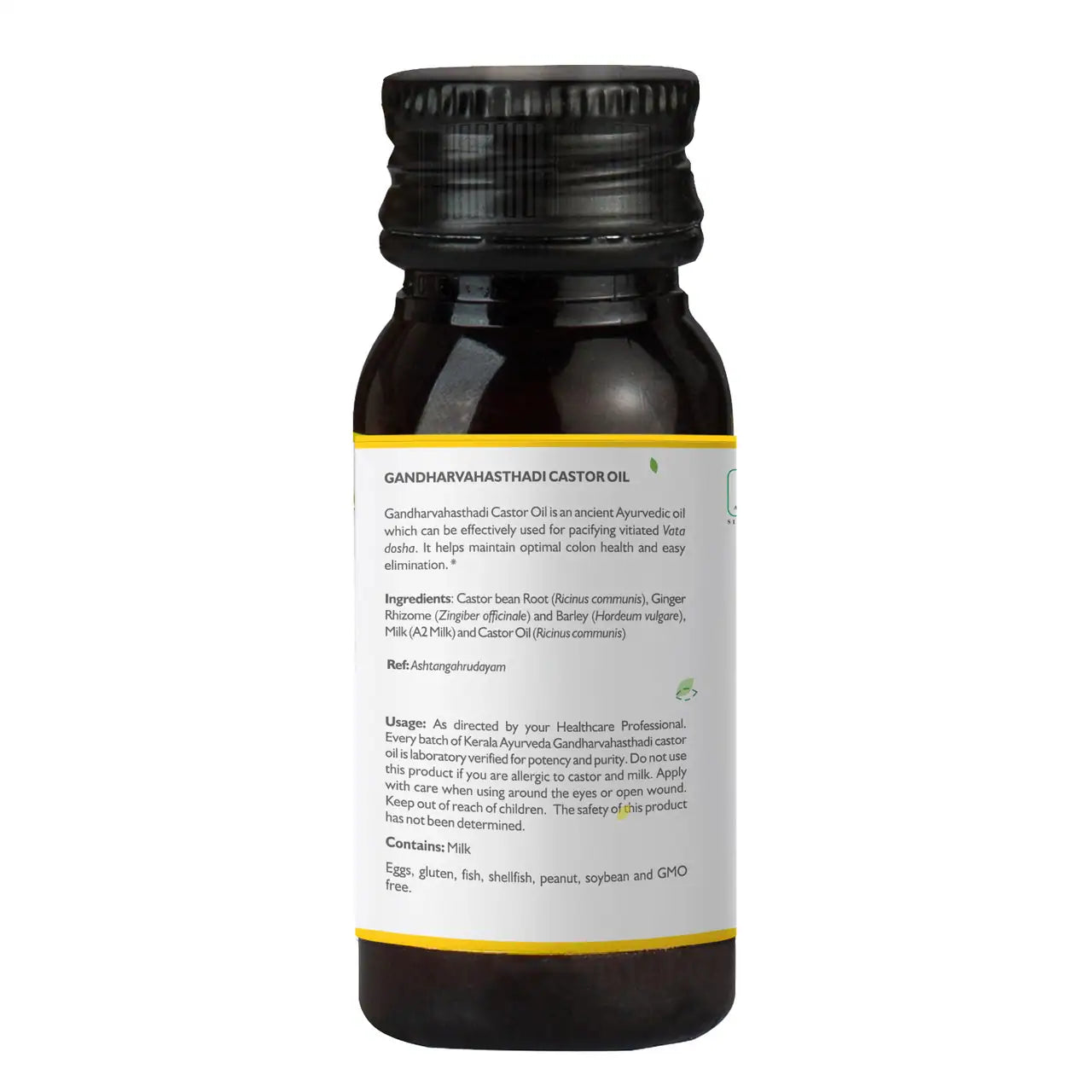 Side view of a Gandharvahastadi Castor Oil bottle, with ingredient list and usage instructions for this specific ayurvedic oil.