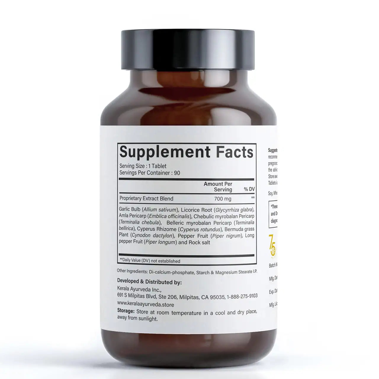 A supplement facts label view of a bottle of Kerala Ayurveda Gastric Relief, containing 90 tablets for dietary supplement.