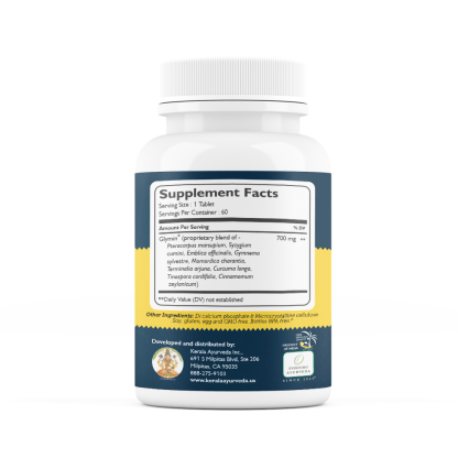 A Back view of a bottle of Glymin tablets by Kerala Ayurveda, labeled as a glycemic balance supplement with lable of supplement facts and ingredients