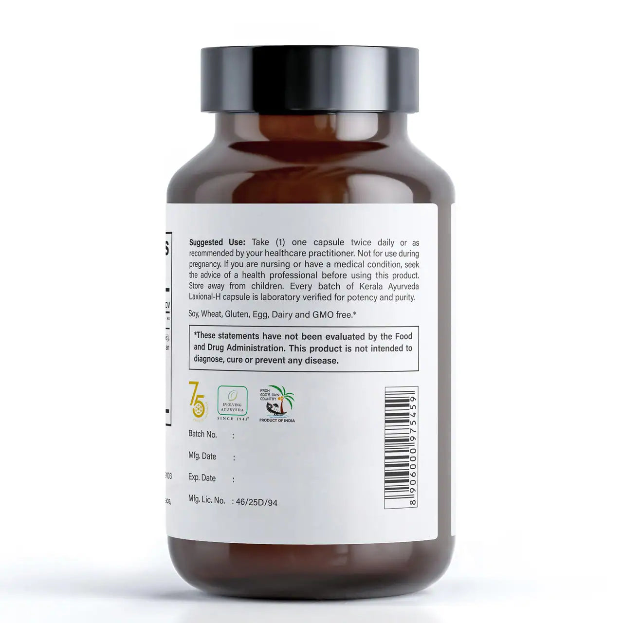 A back label view of a bottle of Kerala Ayurveda Go Easy capsules with the label showing how to use suggestion