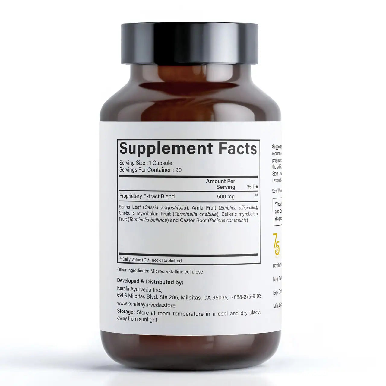 Supplement facts label view of a bottle of Kerala Ayurveda Go Easy capsules 