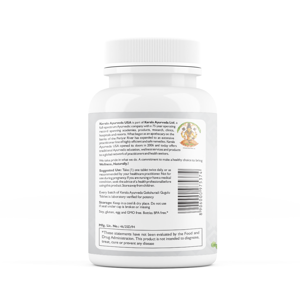 A bottle of Gokshuradi Guggulu Tablets by Kerala Ayurveda, with back label indicating product description 
