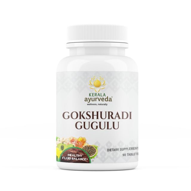 A bottle of Gokshuradi Guggulu Tablets by Kerala Ayurveda, indicating it is a ayurvedicdietary supplement with 90 tablets inside.