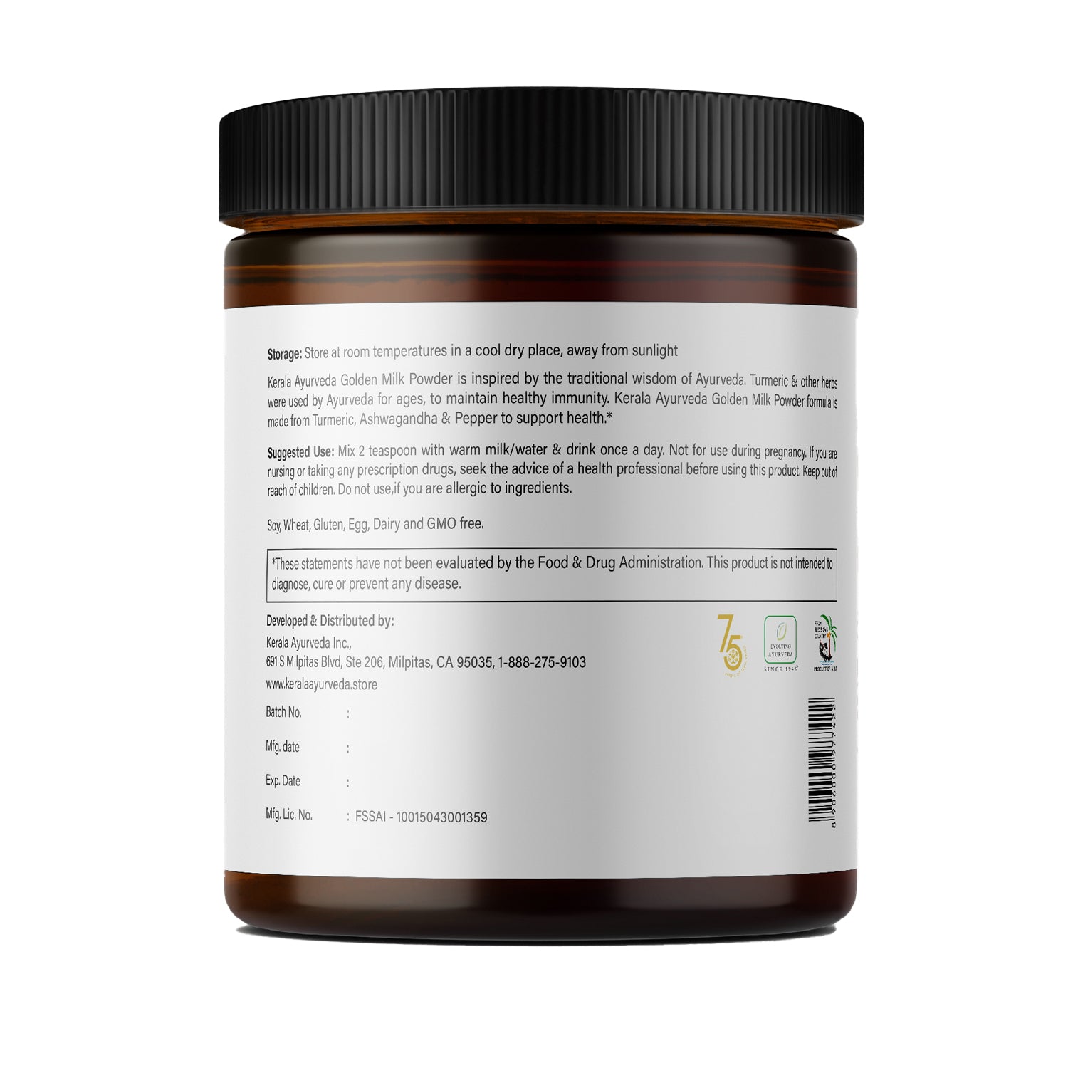 Back View of Kerala Ayurveda Golden Milk Powder, 8.8 oz / 250 ml size, with a white and yellow label.