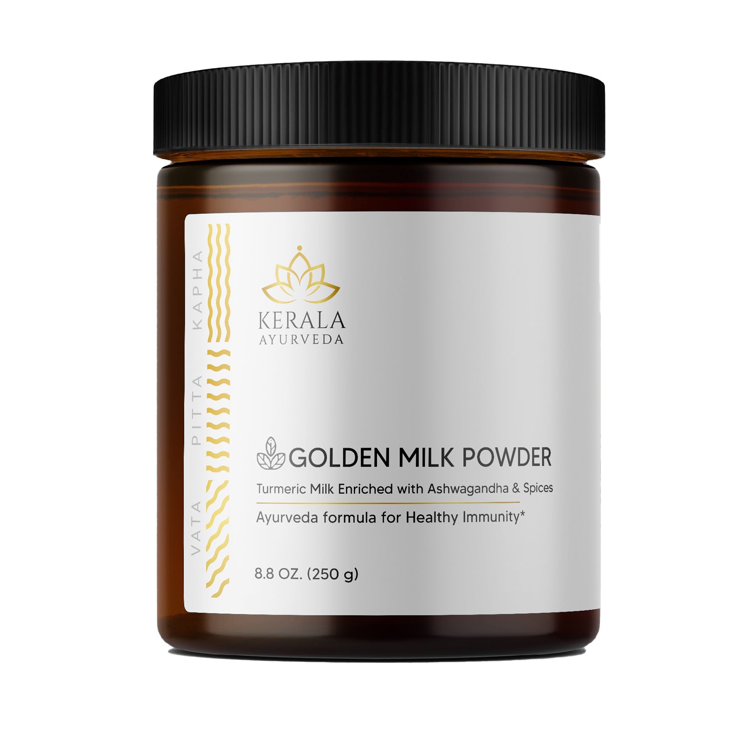 A jar of Kerala Ayurveda Golden Milk Powder, 8.8 oz / 250 ml size, with a white and yellow label.