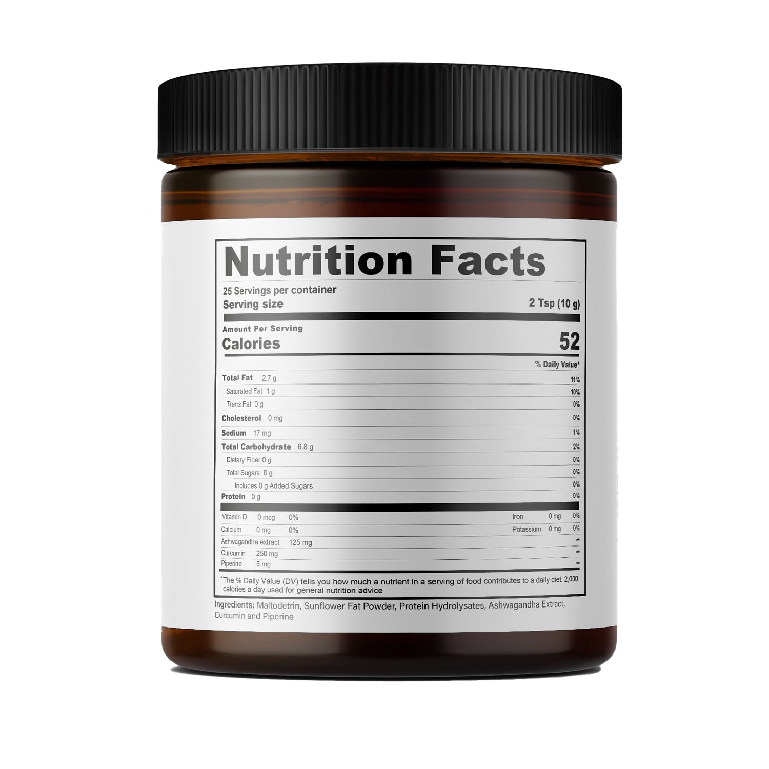 Nutrition Facts of Kerala Ayurveda Golden Milk Powder, 8.8 oz / 250 ml size, with a white and yellow label.