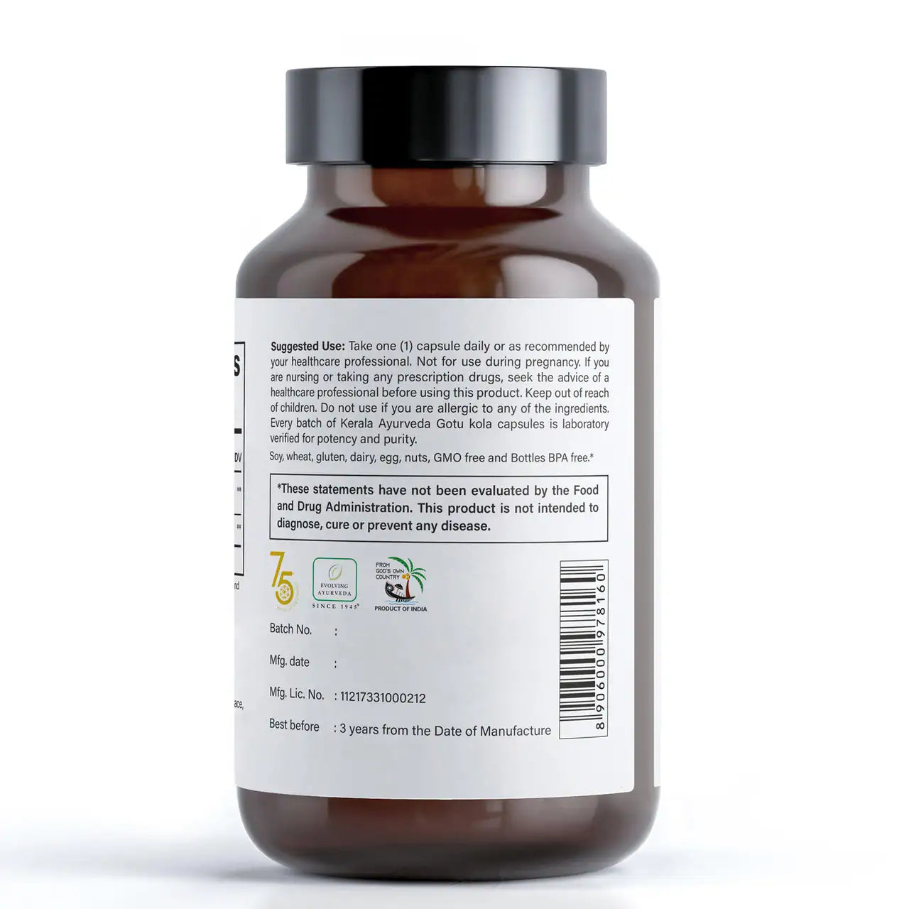 A Back view of a bottle of Kerala Ayurveda Gotu Kola dietary supplement with 60 vegetarian capsules, indicating how to use suggestion