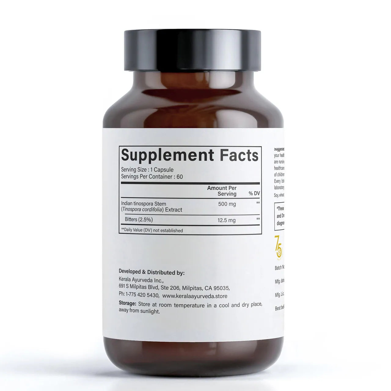 The ingredients and supplement facts label for bottle of Kerala Ayurveda Guduchi capsules with the indicating how to use suggestion