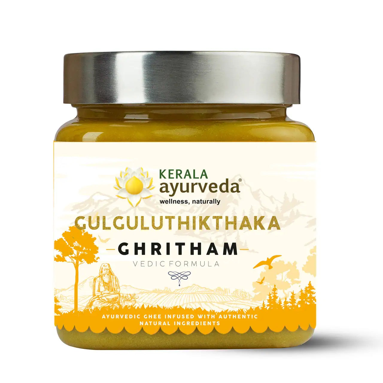 A jar of Kerala Ayurveda Gulguluthikthaka Ghee (Ghritham) with a label that includes the product name and a graphic of a tree.