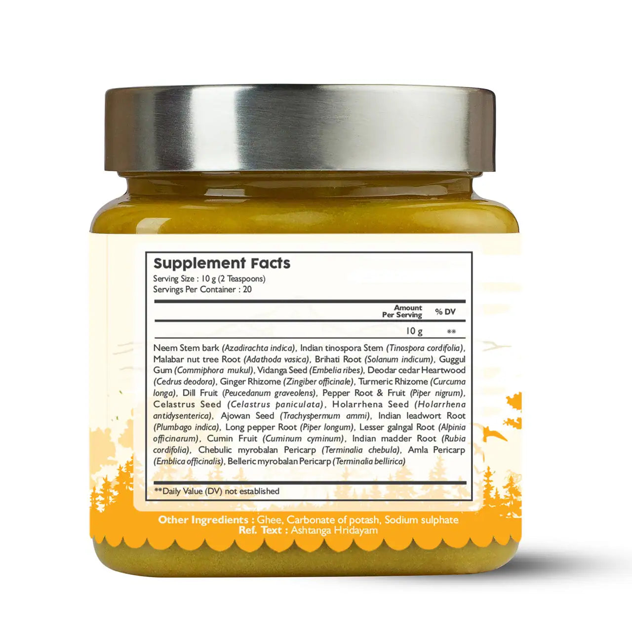 A jar of Kerala Ayurveda Gulguluthikthaka Ghee (Ghritham) with a ingredients label of supplelment facts 
