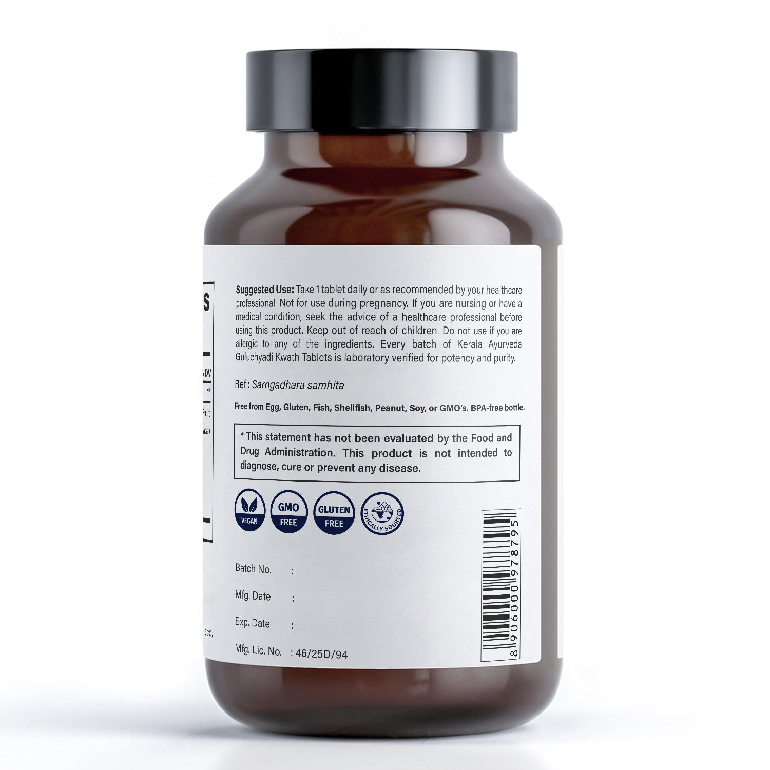 A back view of a bottle of Guluchyadi Kwath dietary supplement with 90 tablets from Kerala Ayurveda indicating the ingredients and how to use suggetions
