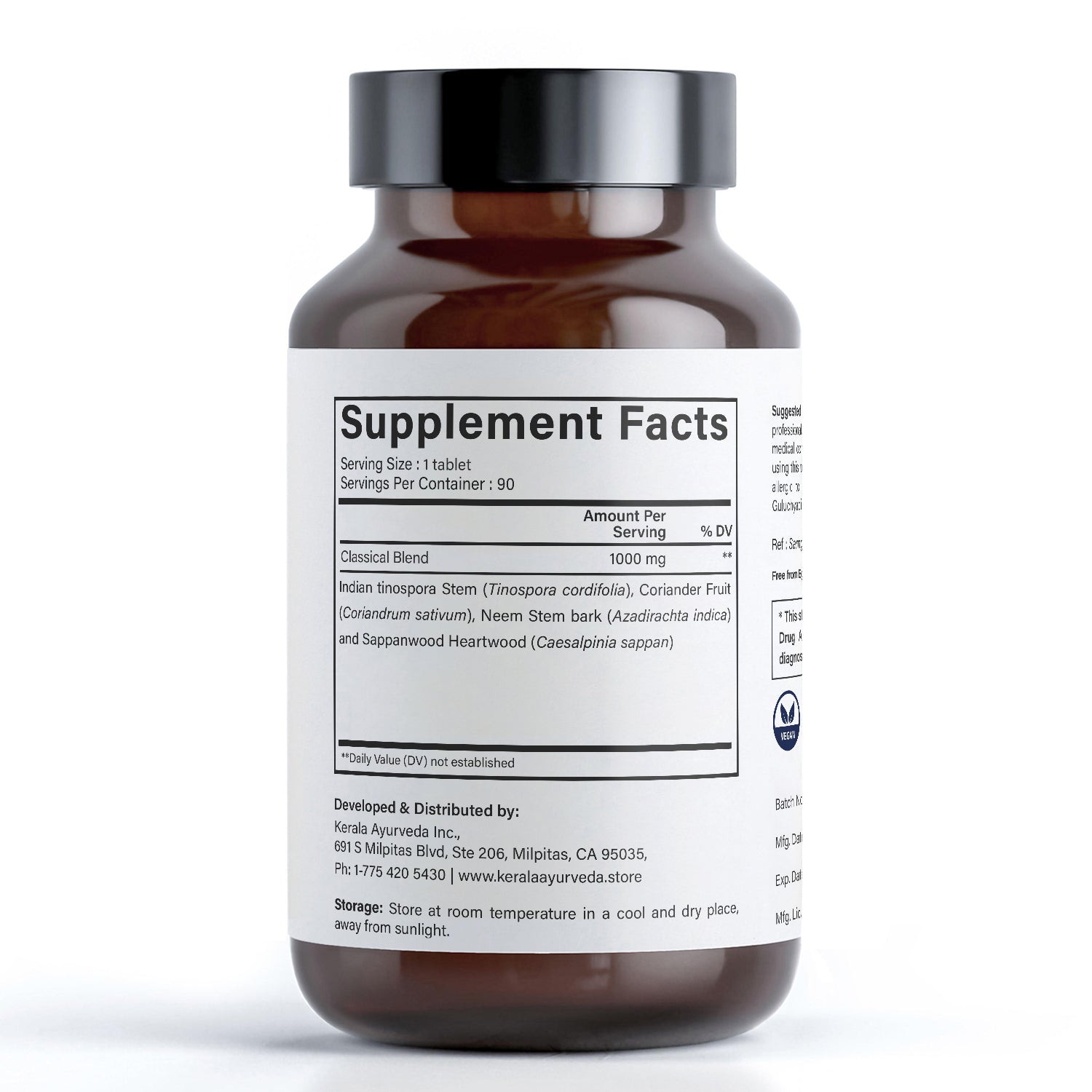 A back view of a bottle of Guluchyadi Kwath dietary supplement with 90 tablets from Kerala Ayurveda indicating the ingredients and supplement facts