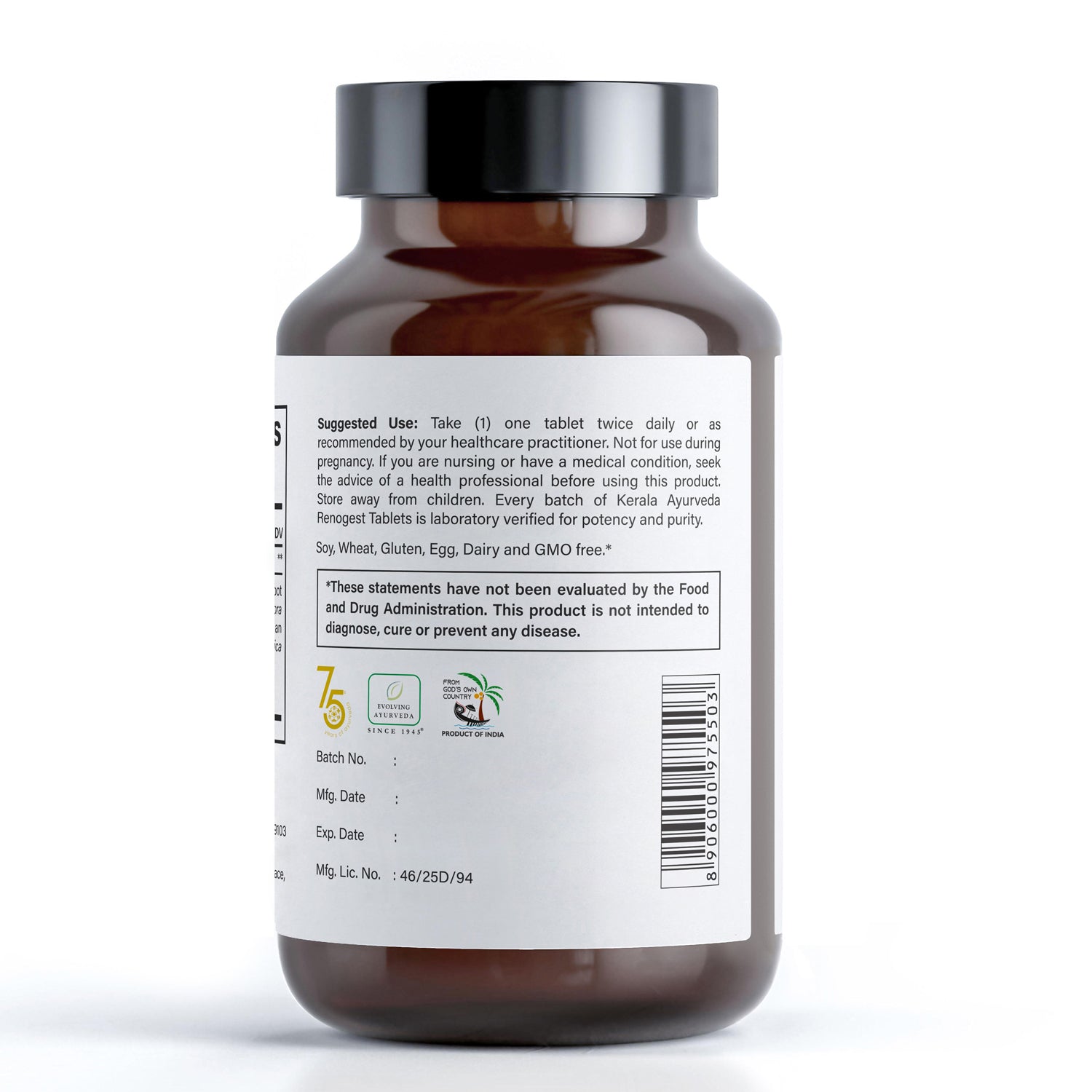 A back label view of a bottle of Healthy Kidneys dietary supplement with 90 tablets, labeled as Renogest, by Kerala Ayurveda.