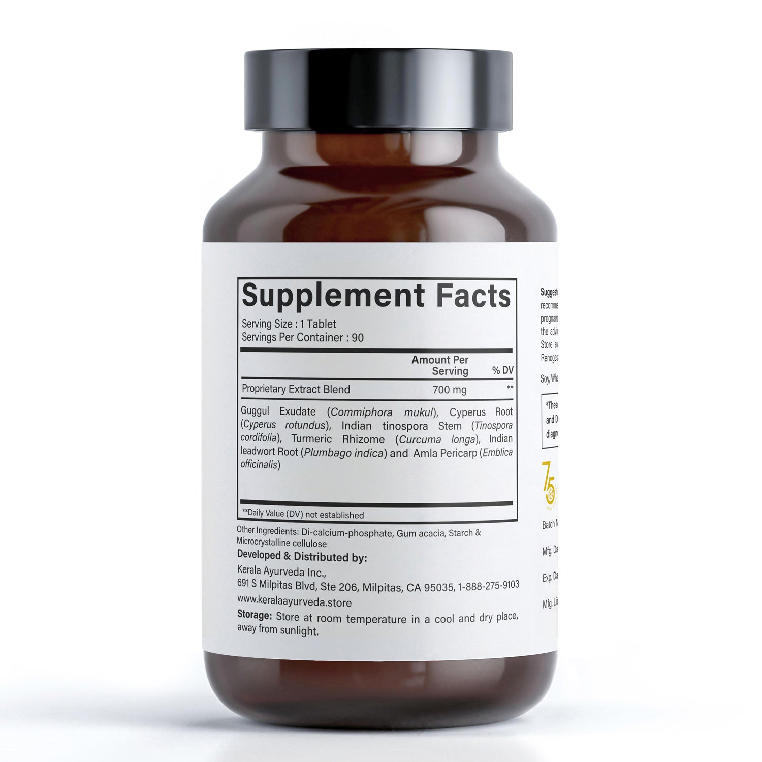 A supplement facts label view of a bottle of Healthy Kidneys dietary supplement with 90 tablets, labeled as Renogest, by Kerala Ayurveda.