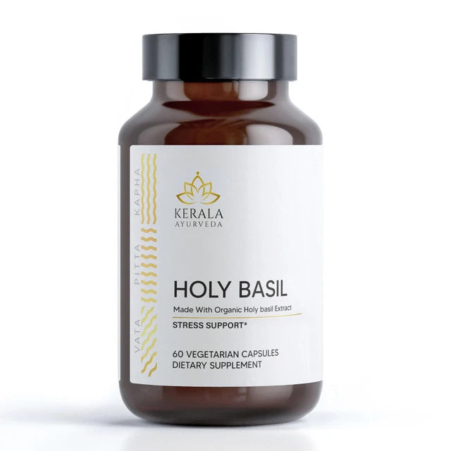 A bottle of Kerala Ayurveda Holy Basil dietary supplement with 60 vegetarian capsules, labeled as stress support.