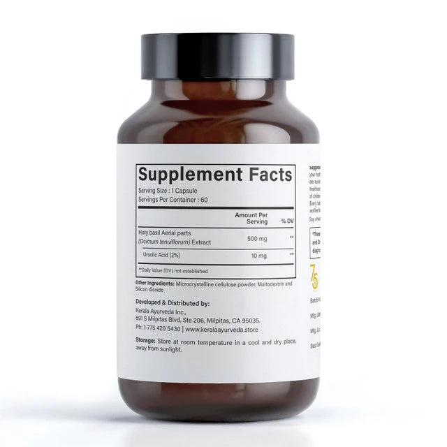 A supplement facts label view of a bottle of Kerala Ayurveda Holy Basil dietary supplement with 60 vegetarian capsules, labeled as stress support.