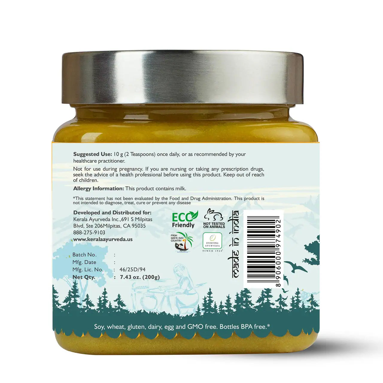 A back label view of a jar of Kerala Ayurveda Indukantha Ghee (Ghritham) with a label depicting an Ayurvedic figure and natural elements, indicating how to use suggestion and allergens warning