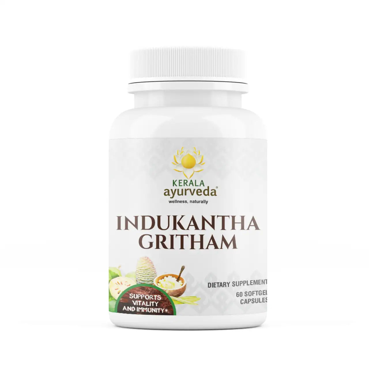A bottle of Kerala Ayurveda Indukantha Ghritham, with text highlighting its use for supporting immunity and energy, containing 60 capsules.