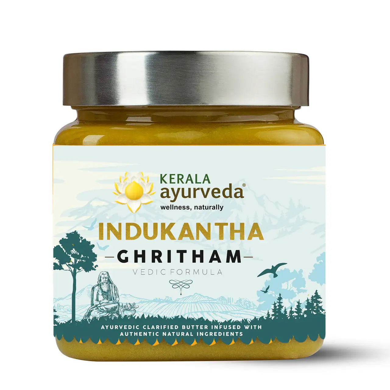 A jar of Kerala Ayurveda Indukantha Ghee (Ghritham) with a label depicting an Ayurvedic figure and natural elements, indicating it is herb infused ghee for immunity and digestive support.