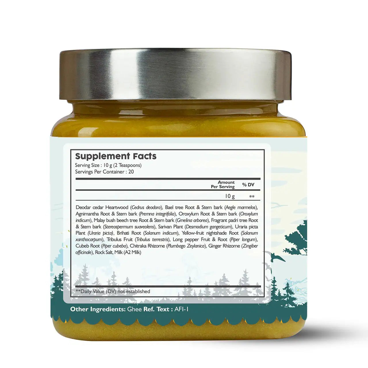 A aupplement facts label view of a jar of Kerala Ayurveda Indukantha Ghee (Ghritham) with a label depicting an Ayurvedic figure and natural elements
