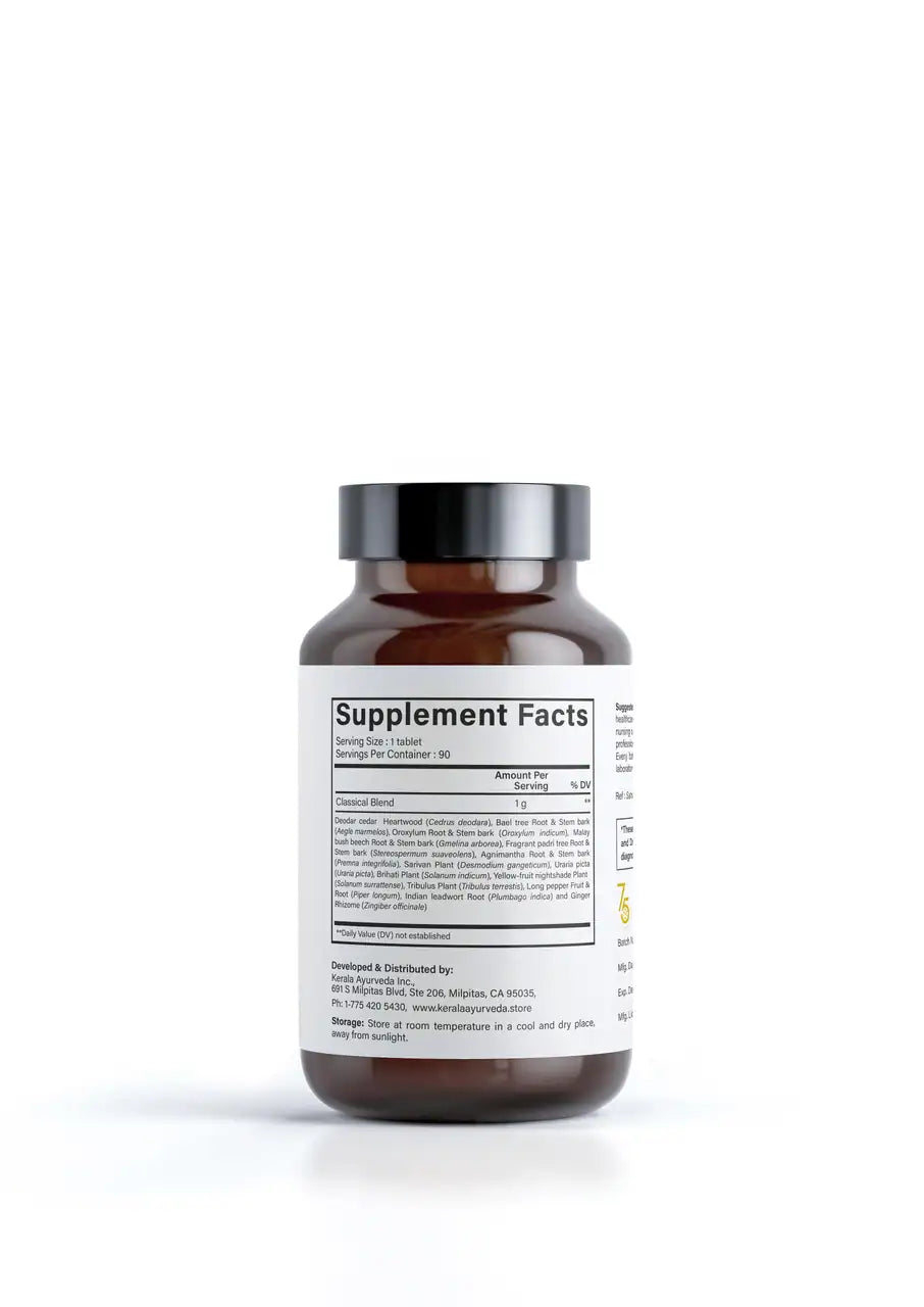 Supplement Facts label view of a bottle of Indukantham Kwath, 90 tablets, dietary immune support supplement with a white and brown label, Kerala Ayurveda brand.