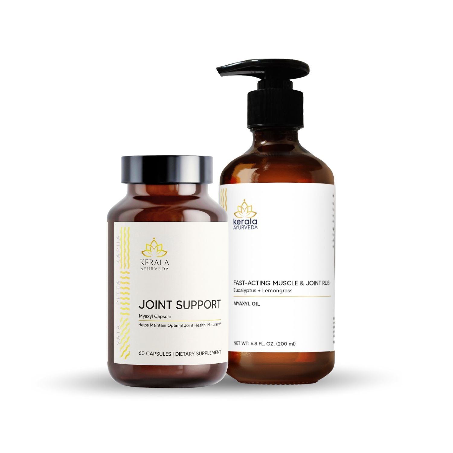 Two bottles of Joint Support supplements, one with capsules and another with a liquid, against a white background.