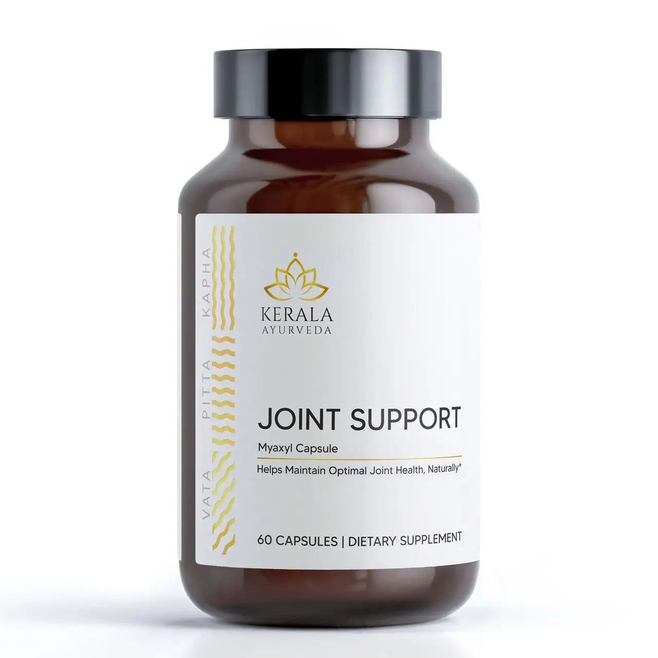 A bottle of Kerala Ayurveda Joint Support capsules, with a white label displaying the product name and quantity.