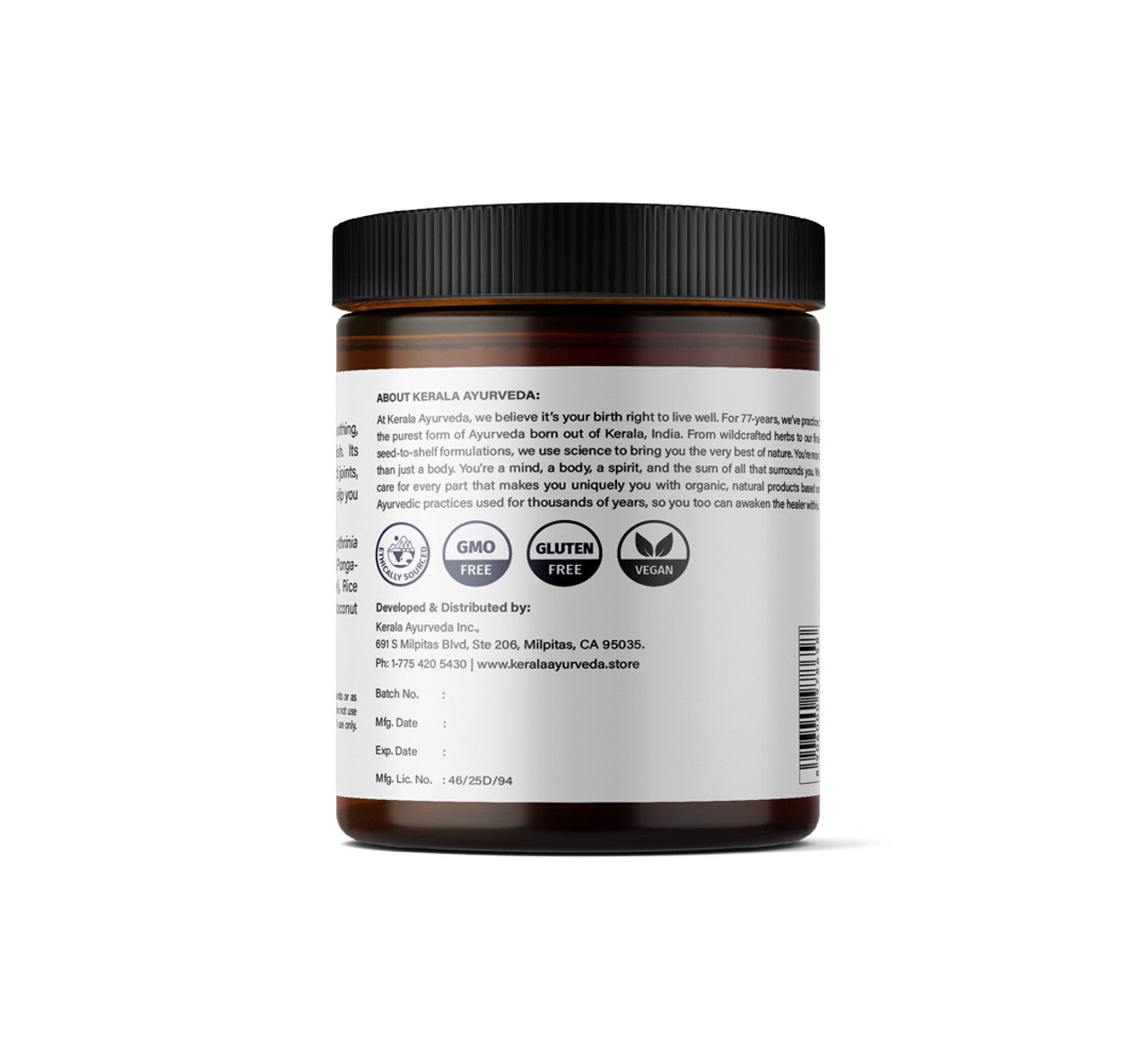 A jar of Joint and Tissue Recovery Oil (Murivenna) from Kerala Ayurveda with a back label of indicating product and brand inforamtion
