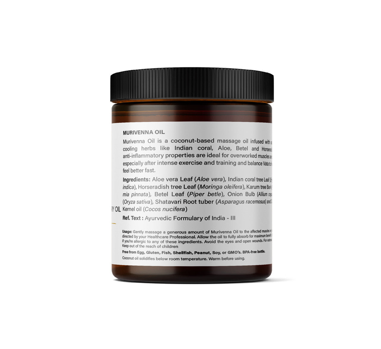 A jar of Joint and Tissue Recovery Oil (Murivenna) from Kerala Ayurveda with a white label indicating product's ingredients 
