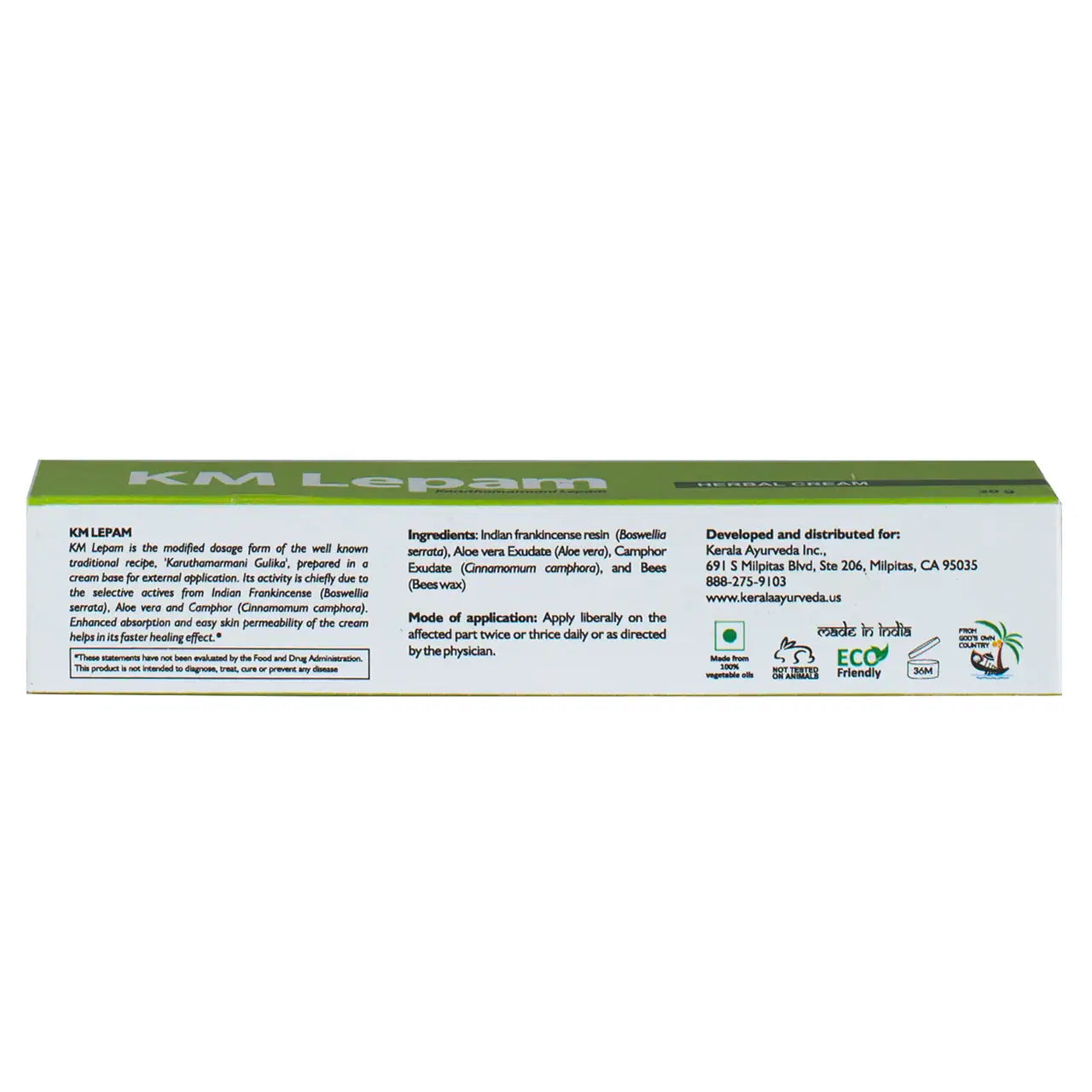 A back view of a box of KM Lepam herbal cream, showing the back view of the ingredients of the product
