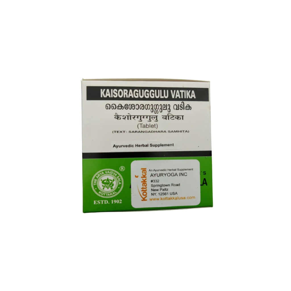 Packaging of KT Kaisoraguggulu Vatika herbal supplement with 100 Tablets, displaying product information and branding.