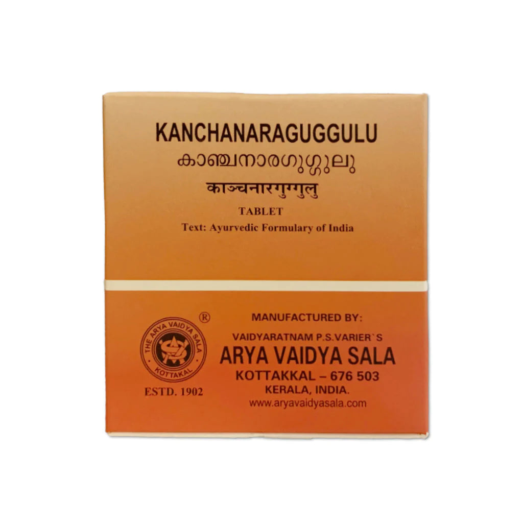 This is an image of the packaging for KT Kanchanaraguggulu (Vatika) 100 Tablets. The packaging is primarily in orange and maroon colors with text displaying the product name, dosage form, and manufacturing details.