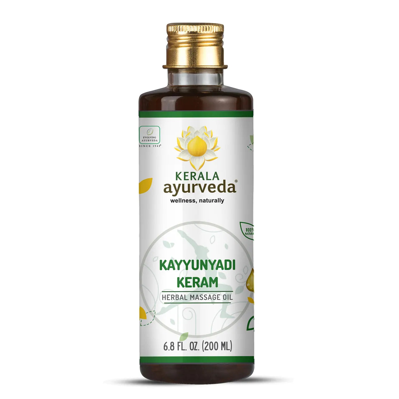 A bottle of Kerala Ayurveda Kayyunyadi Keram hair care oil, 6.8 fl oz / 200 ml, with labeling in white and green colors.