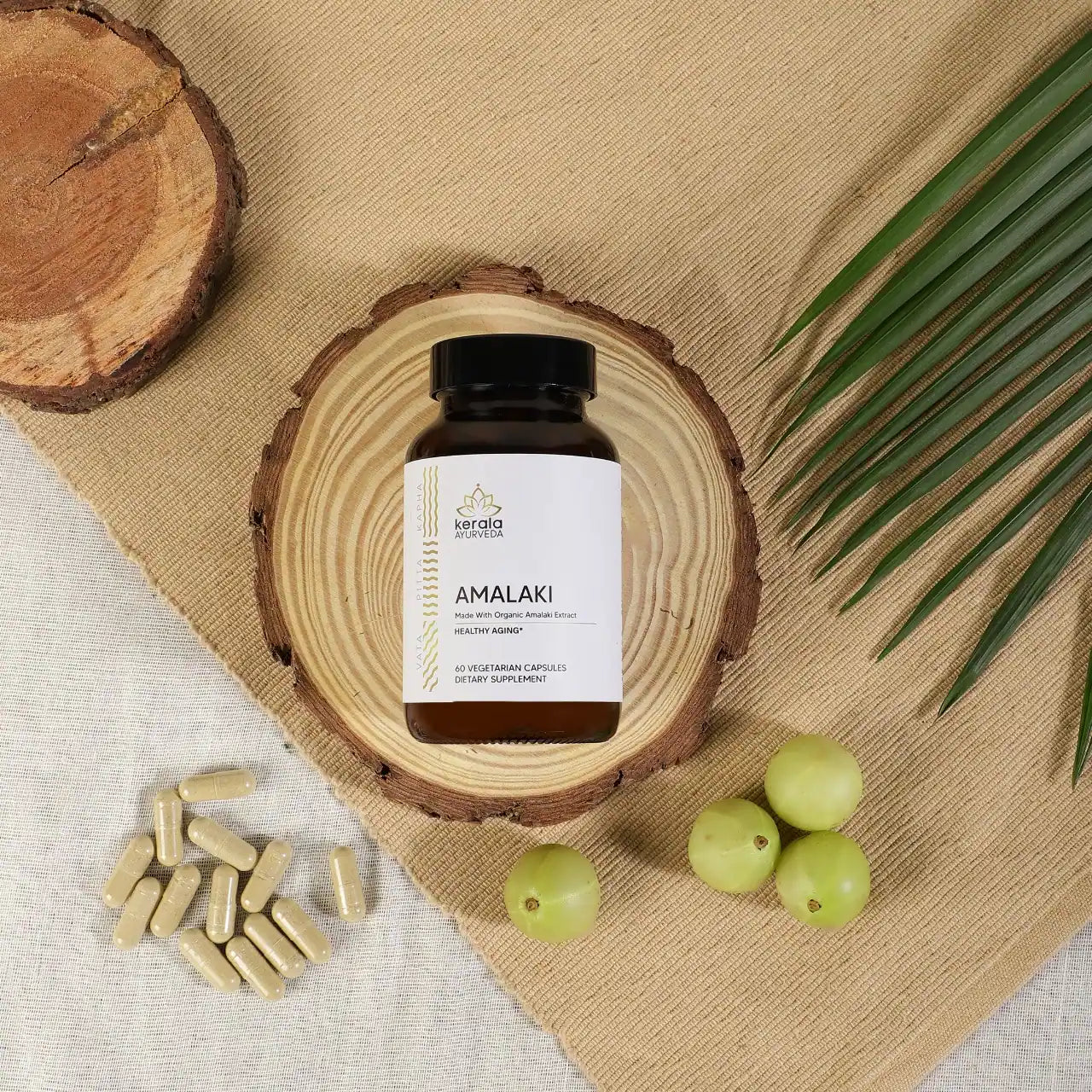 Top view of the A bottle of Kerala Ayurveda Amalaki dietary supplement with 60 vegetarian capsules