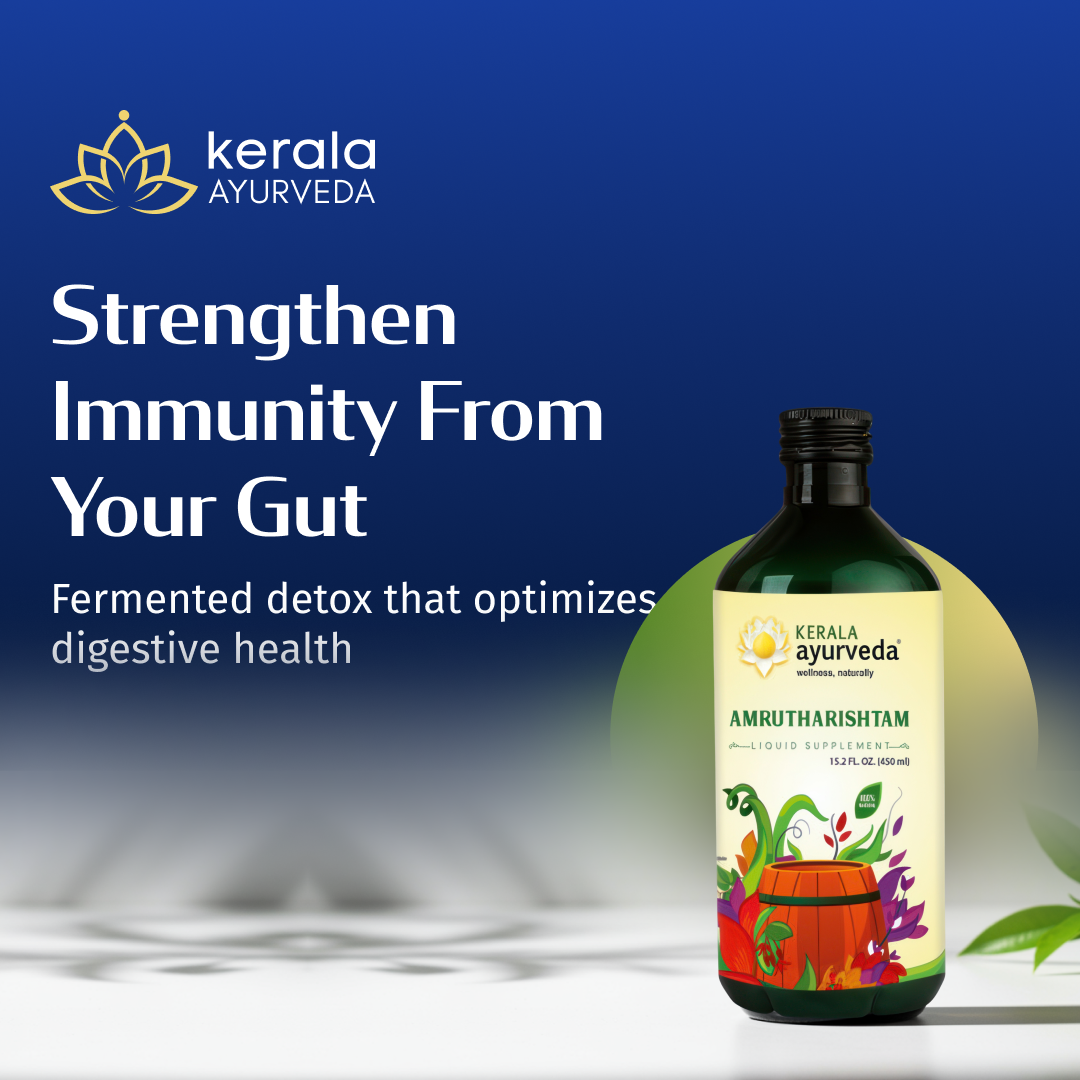 Bottle of Kerala Ayurveda Amrutharishtam with graphic elements and text highlighting its benefits for gut health and immunity.