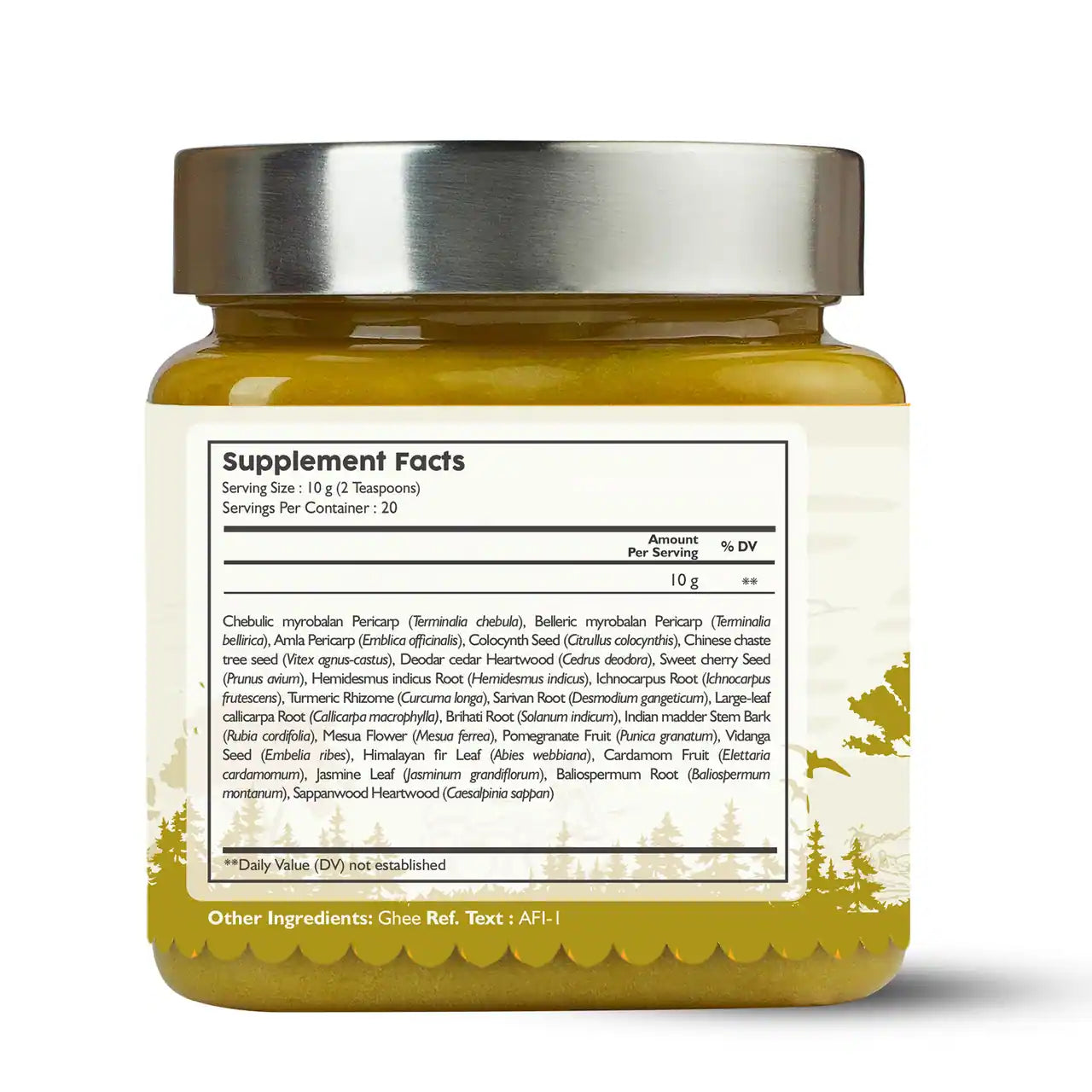 A jar of Kerala Ayurveda Kalyanaka Ghee with a label showing the ingrediens and supplement facts