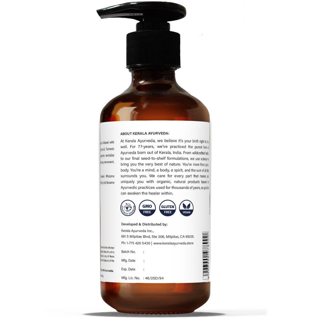 back view of a bottle of mobiliy body oil from kerala ayurveda
