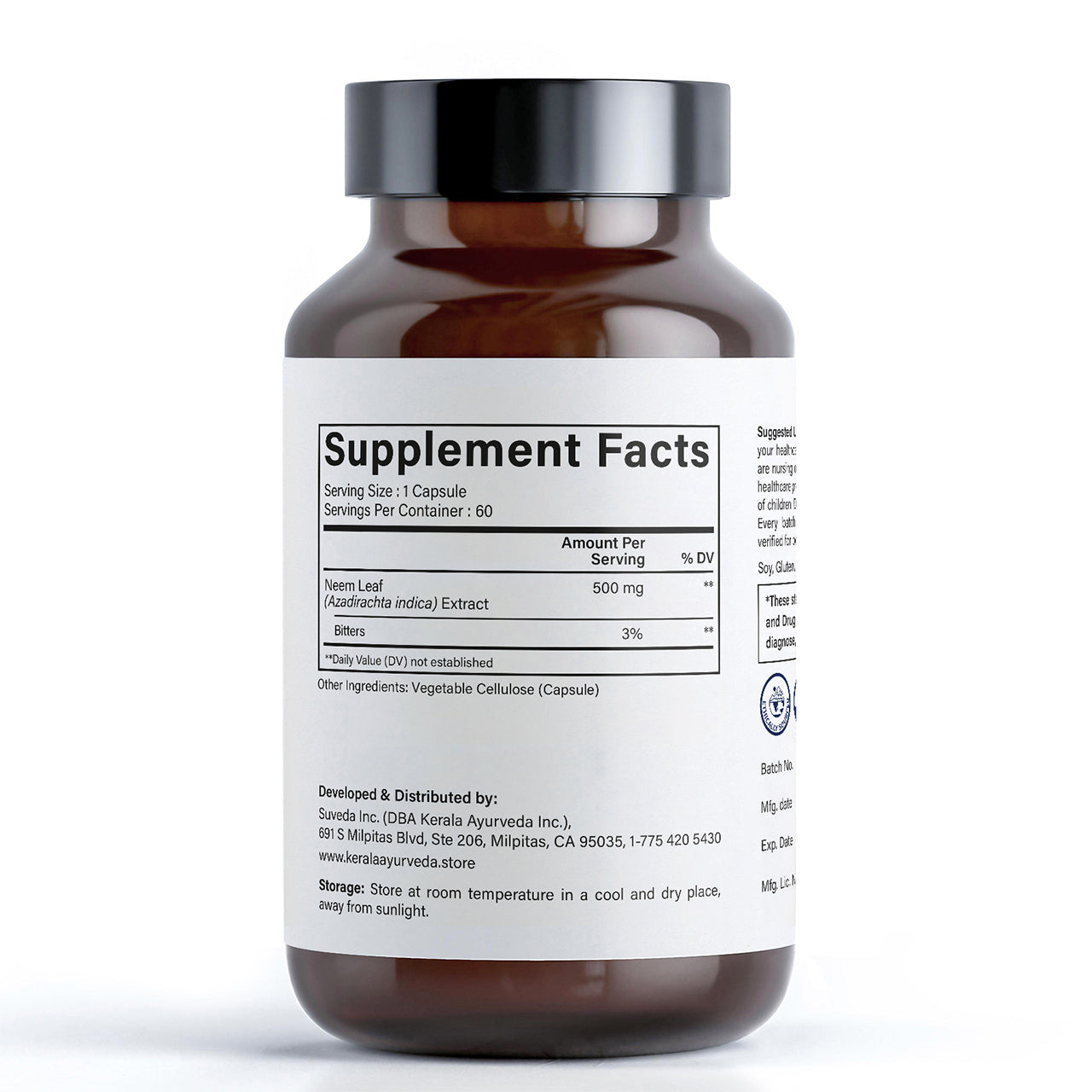 Supplement facts label showing ingredients of Kerala Ayurveda Neem dietary supplement with 60 vegetarian neem capsules.