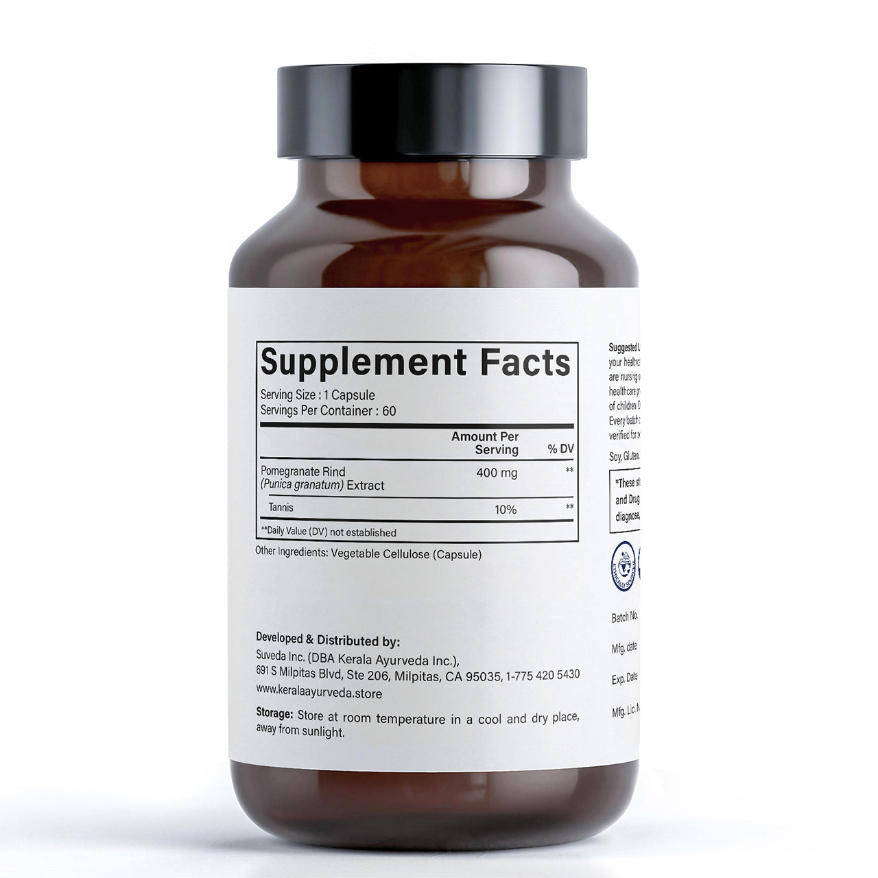 Supplement facts label showing ingredients of Kerala Ayurveda Pomegranate dietary supplement with 60 vegetarian pomegranate capsules.