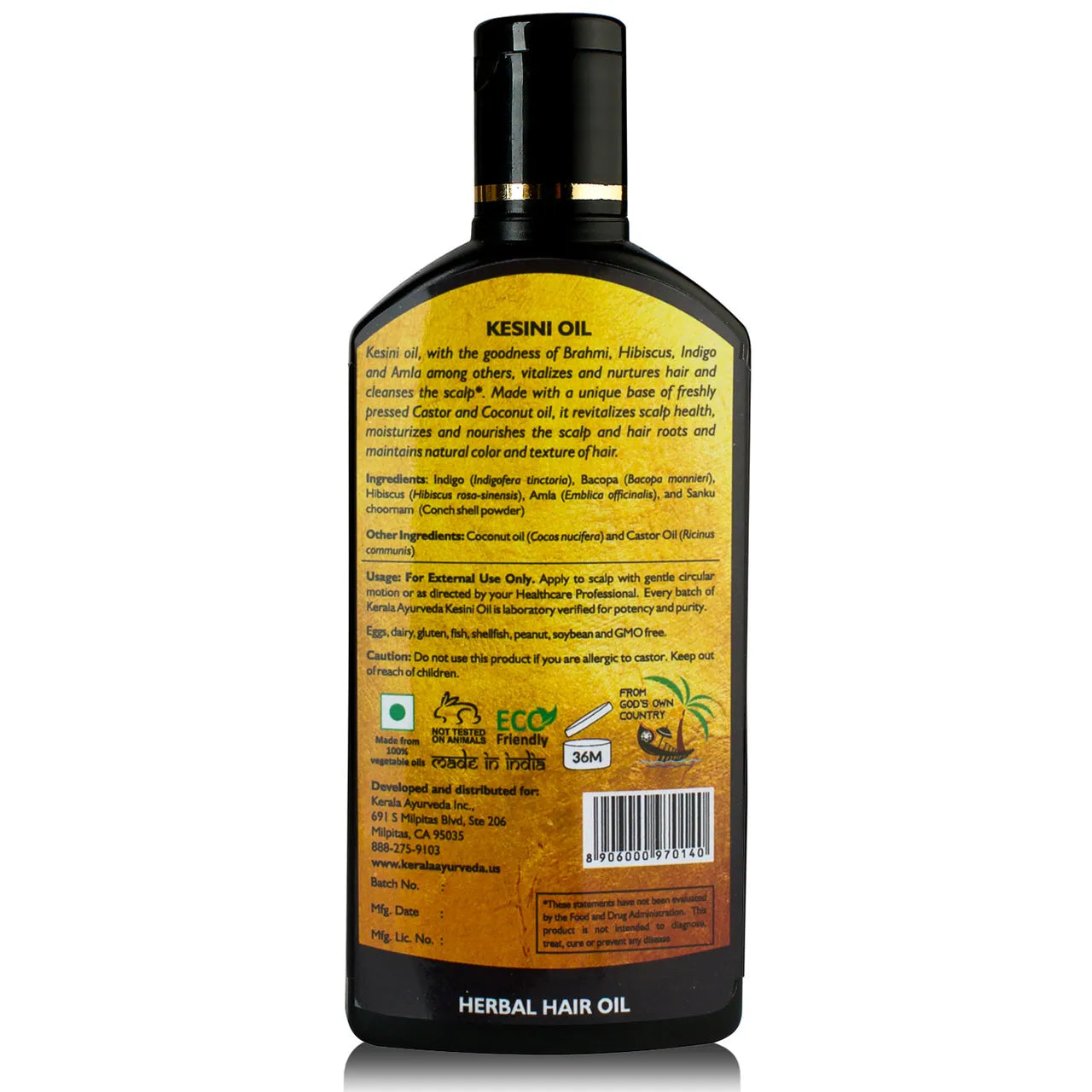 Kerala Ayurveda Kesini Oil - ayurvedic hair oil bottle with back label indicating product and brand description