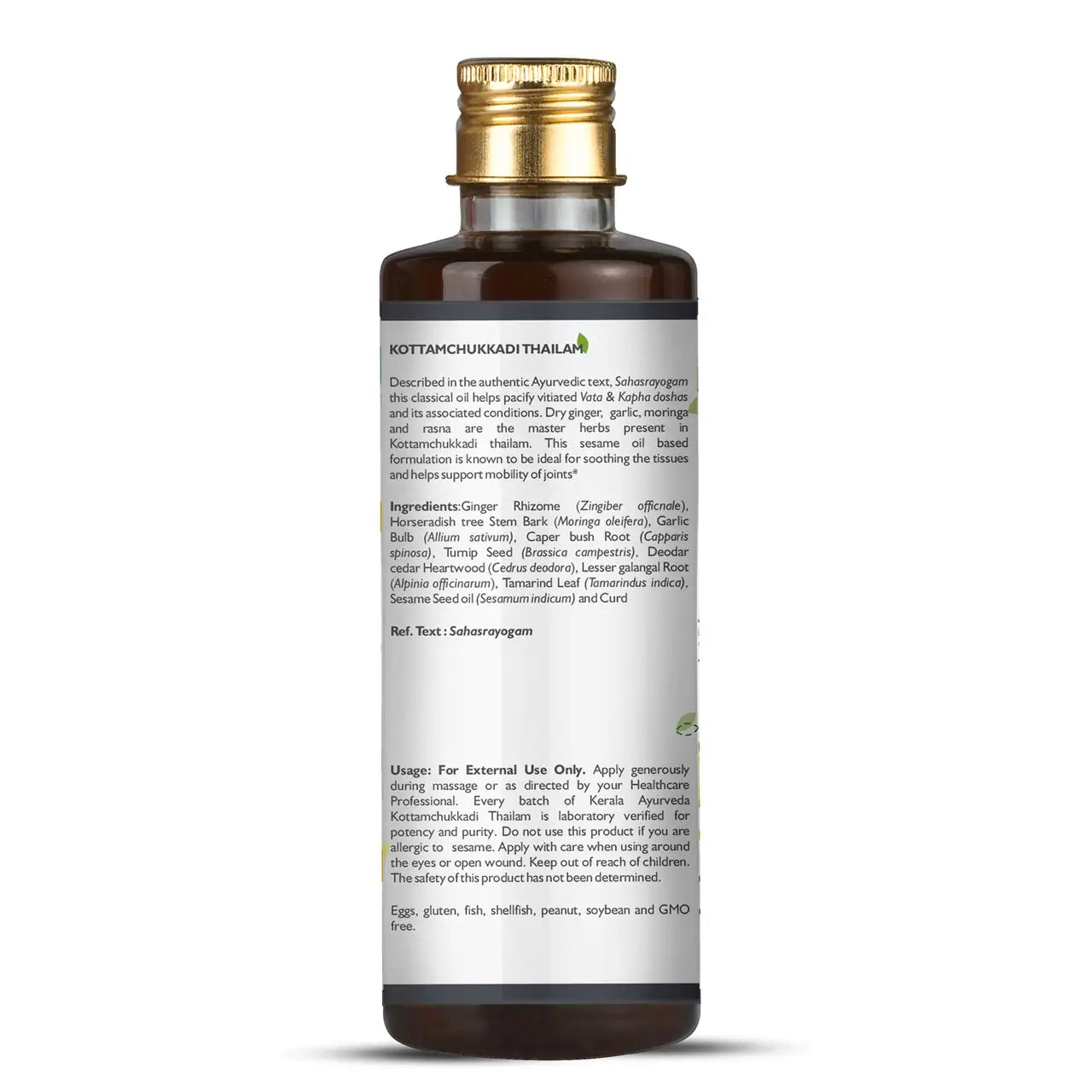 Ingredients label of Kerala Ayurveda Kottamchukkadi Thailam bottle with oil and ingredients on a green and beige background