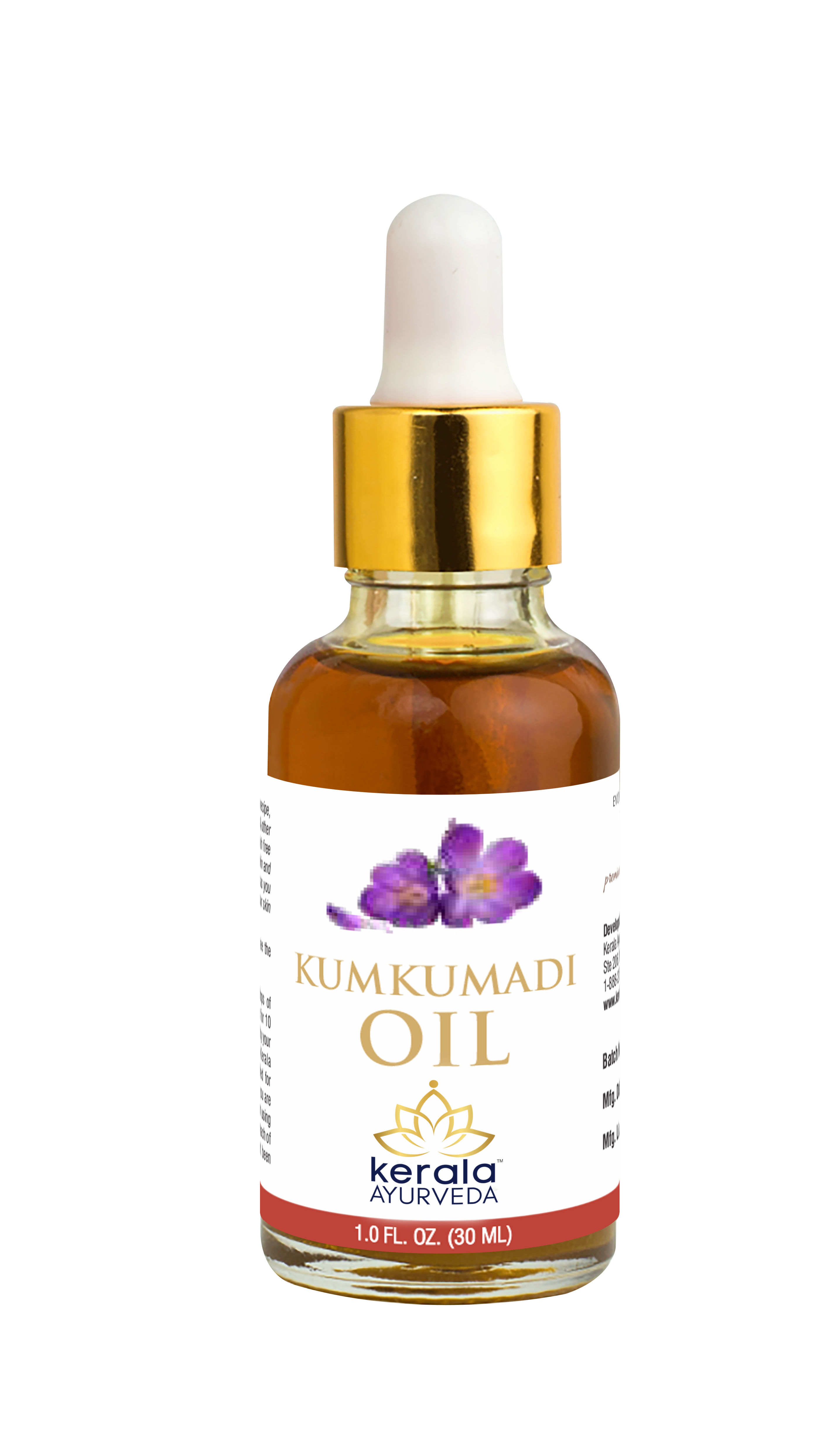 A front view of a kumkumadi oil , 30ml bottle from kerala ayurveda store.