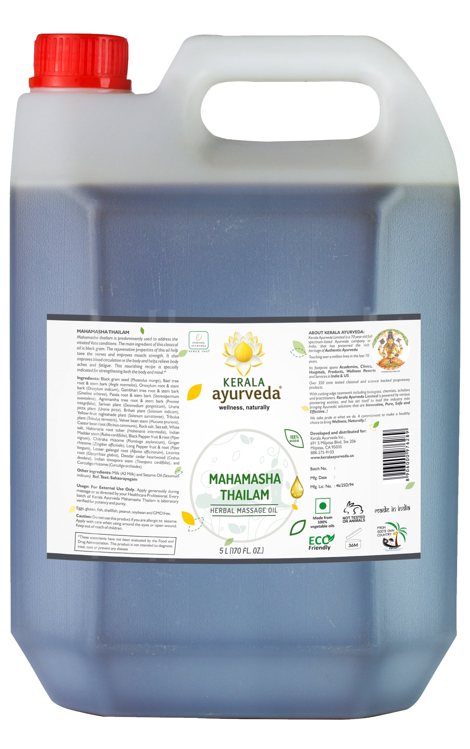 Kerala Ayurveda Mahamasha Thailam herbal massage oil 5L container with detailed label showing ingredients, usage instructions, and benefits.