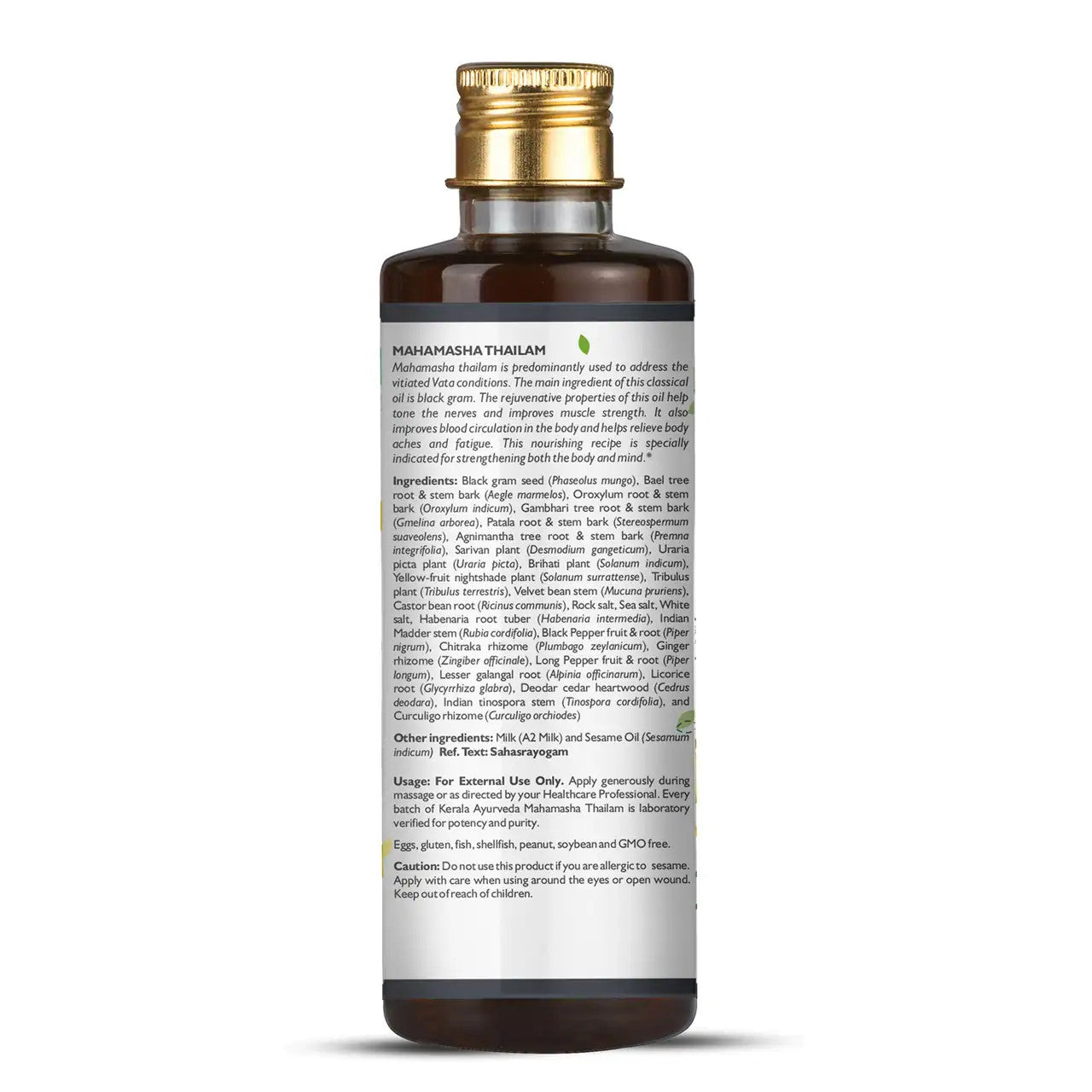 Kerala Ayurveda Mahamasha Thailam massage oil bottle displaying detailed ingredient list, usage directions, and description.
