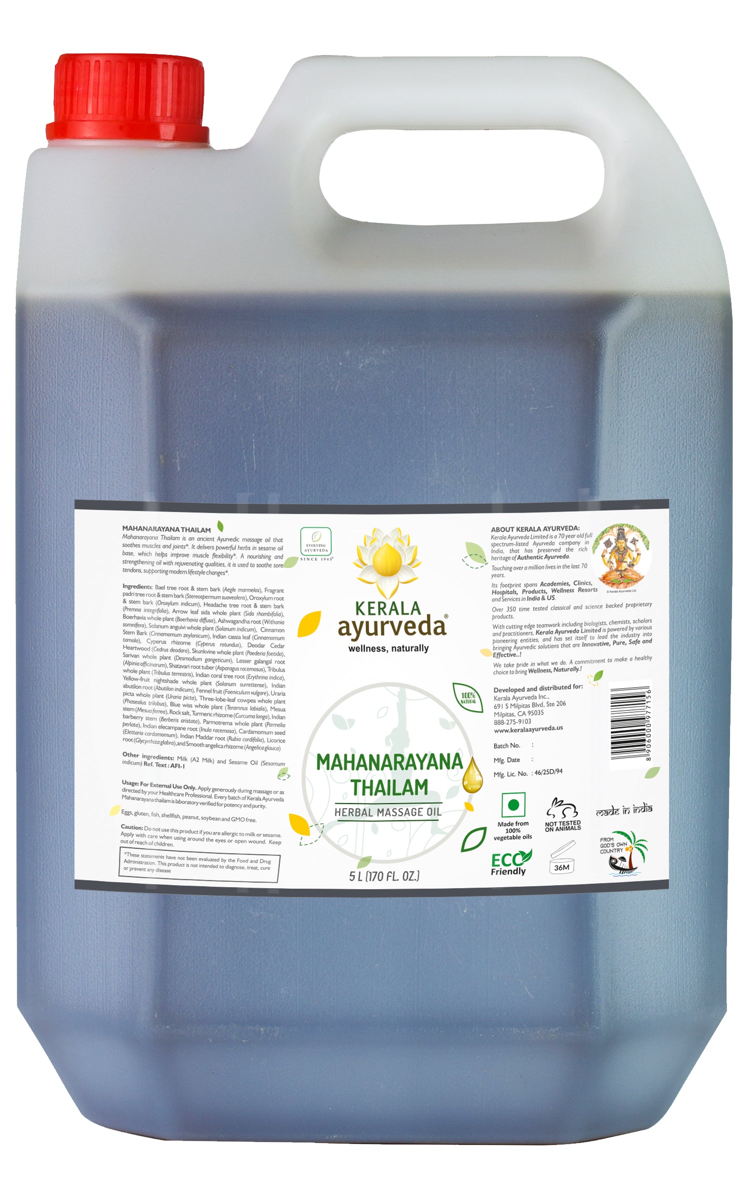 A 5 liter can of Rejuvenating Body Oil with a pump dispenser, labeled 'Mahanarayana Thailam' from Kerala Ayurveda.
