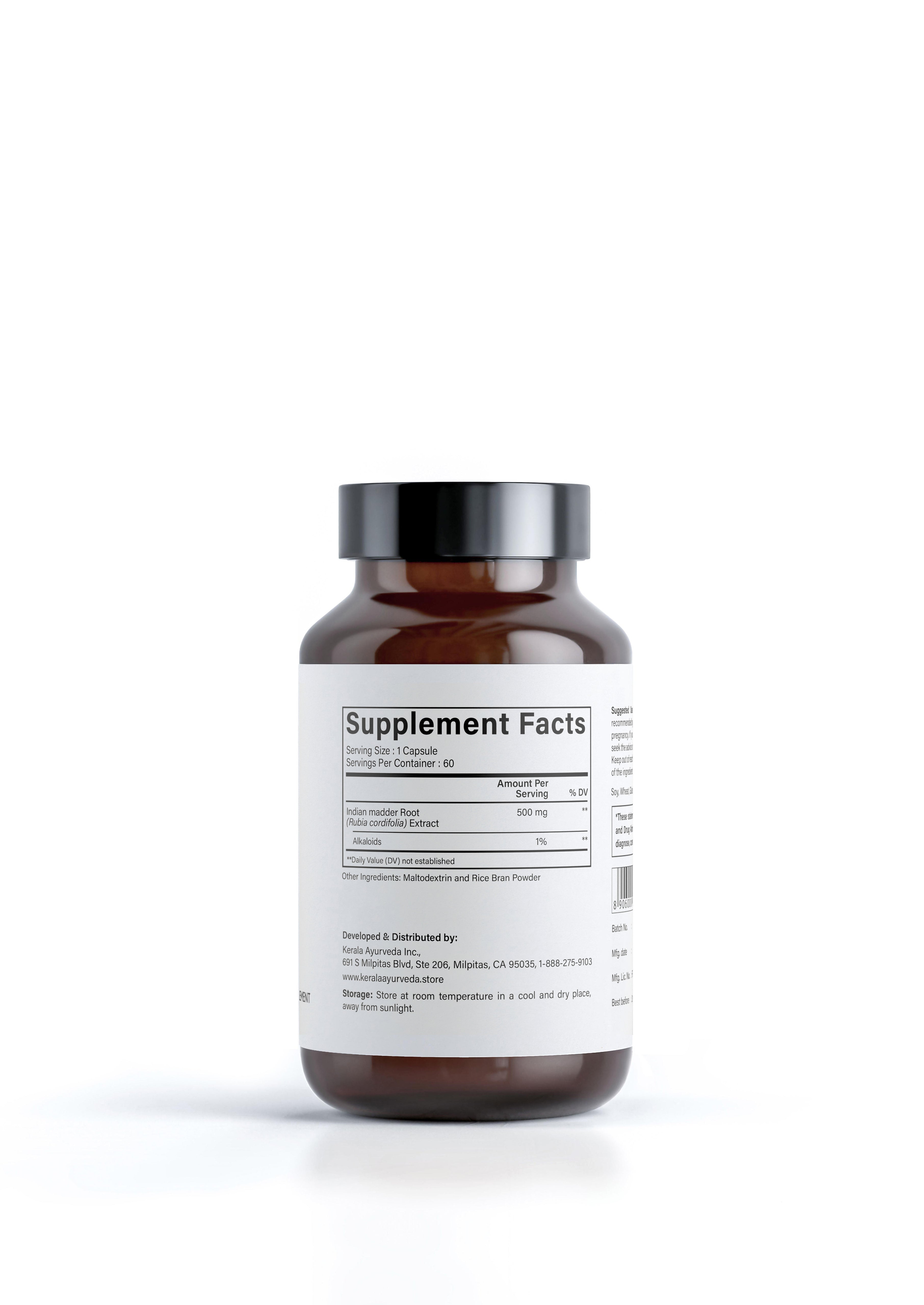 Supplement facts label showing ingredients of Kerala Ayurveda Manjishtha, containing 60 veg capsules, with a label showing the product name and a brief description of its use for skin and blood health