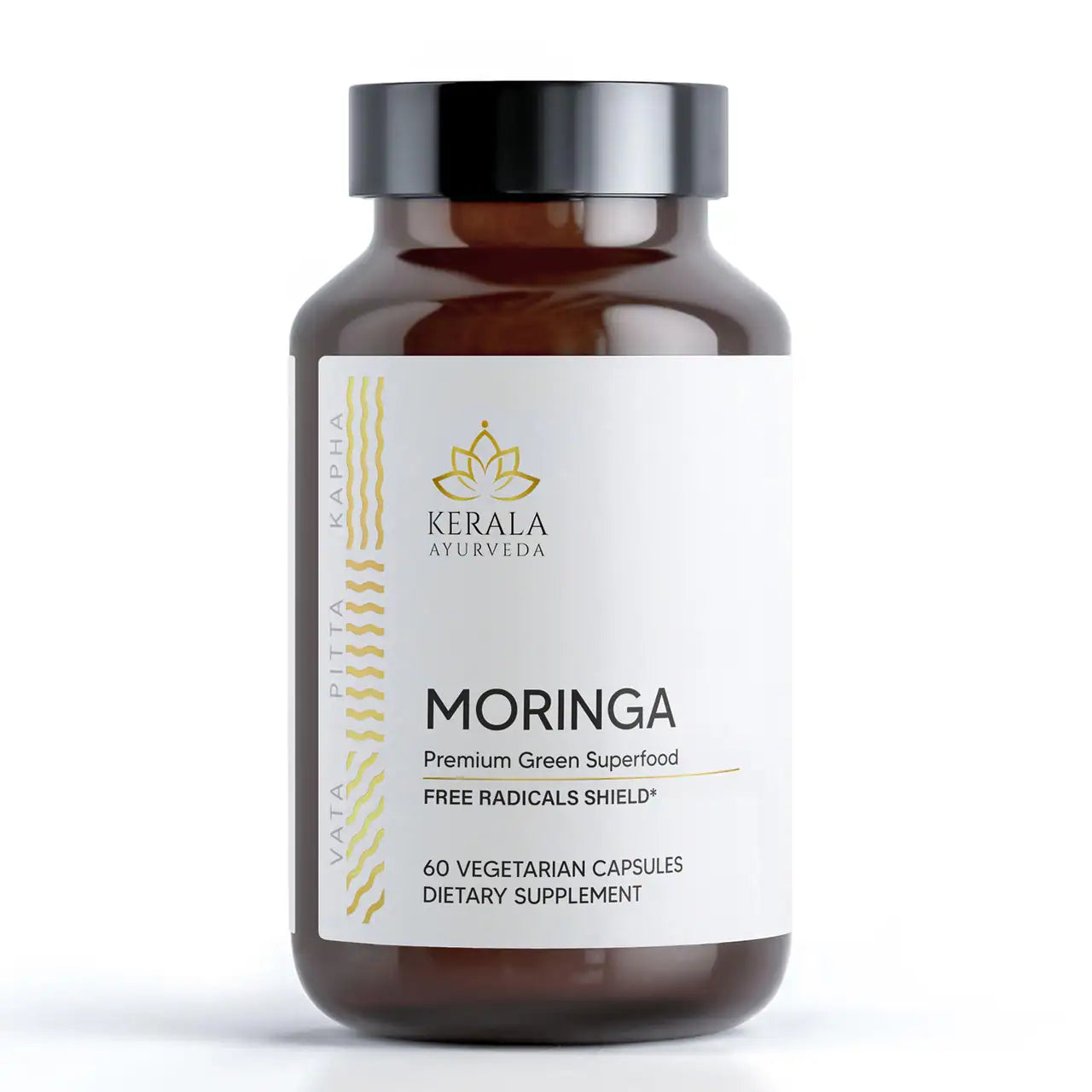 A bottle of Kerala Ayurveda Moringa dietary supplement with 60 vegetarian capsules.