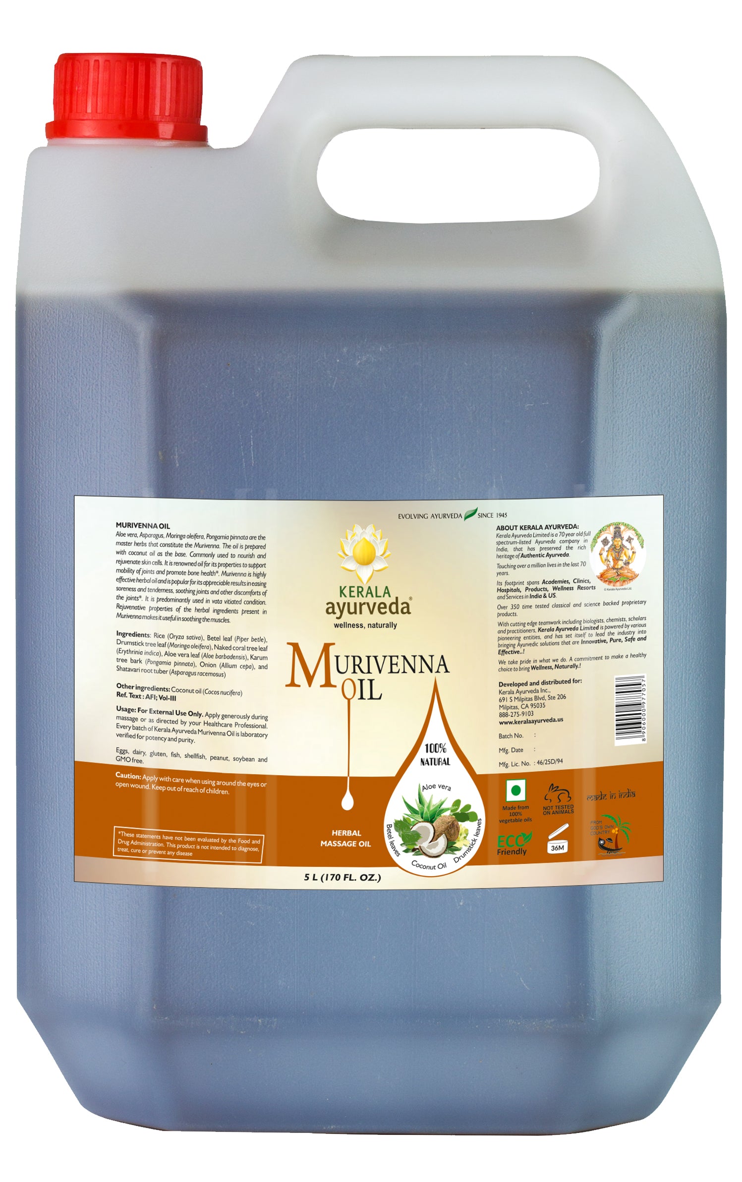 A 5litre can of Kerala Ayurveda Joint and Tissue Recovery Oil (Murivenna) with a backdrop featuring a natural setting. The label on the jar reads 'Recovery Without Pain' and highlights the product as a deep-penetrating formula for joint & tissue repair.