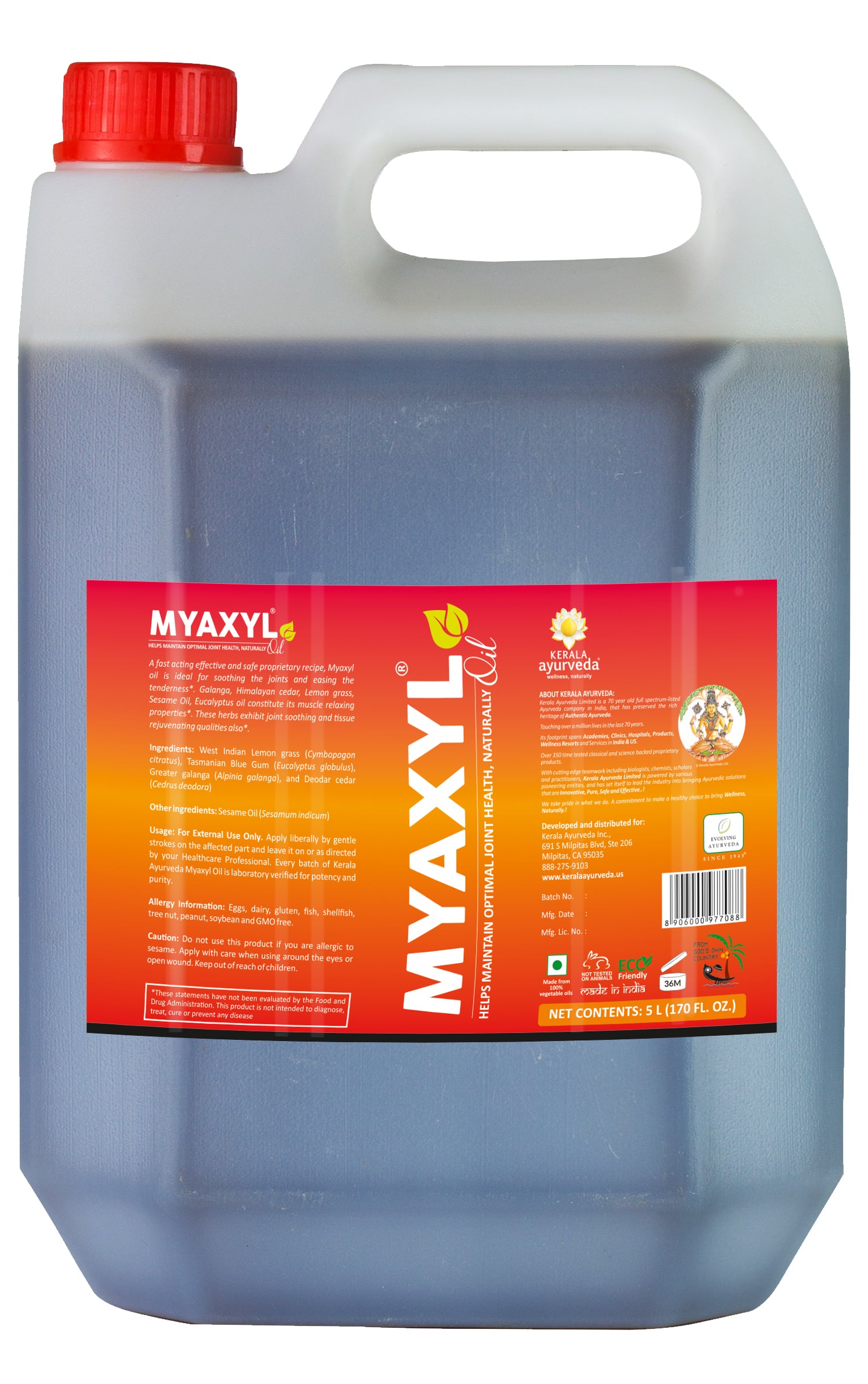 A 5 litre bottle of Kerala Ayurveda's Myaxyl Oil labeled for muscle and joint rub.